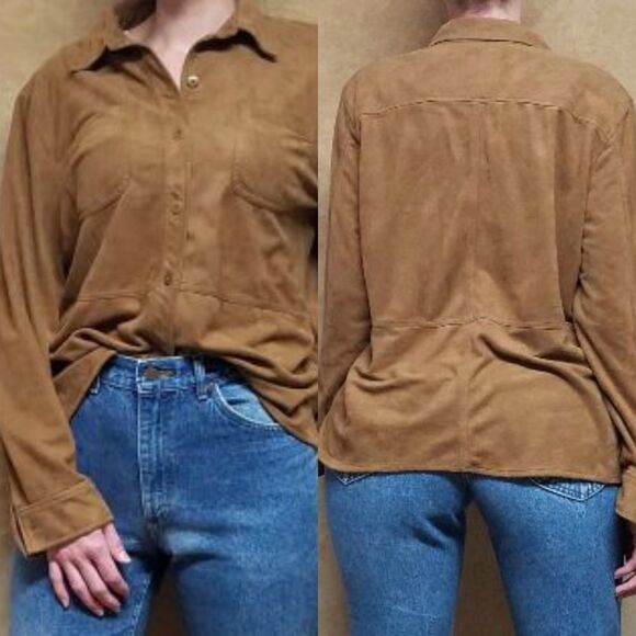 𝅺VINTAGE 90s JNY Camel Faux Suede Button Up Top - Picture 1 of 11